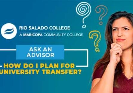 female student expressing thinking with her hand on her chin. Text: Ask an Advisor How do I plan for university transfer?