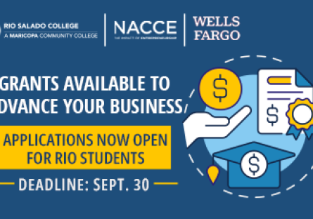 Text: Grants available to advance your business. Applications now open for Rio students. Deadline: Sept. 30