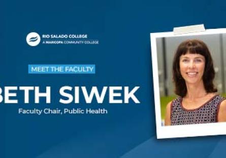 Image of Beth Siwek with text on blue background: Meet the Faculty Profile: Beth Siwek