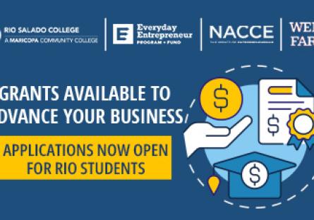 Graphic with dollar signs, hand and grad cap. Text: Grants available to advance your business. Applications now open for Rio students