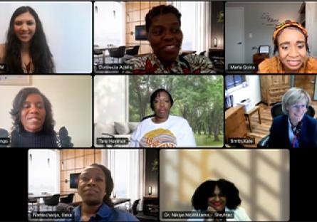 screengrab from the webinar, shows camera views of the presenter and speakers in a square collage.