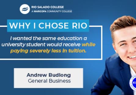 headshot of Andrew Budlong with text: Why I Chose Rio, Andrew Budlong, General Business