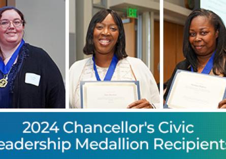 Photo collage of Saffron, Tara and Shaniqua with text "2024 Chancellor's Civic Leadership Medallion Recipients"