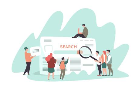 Group of cartoon people gathered around a search menu