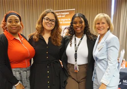 President Kate Smith and MCCCD students, including Rio Salado’s Marielena Aguirre after a roundtable discussion.