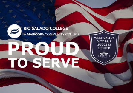 American Flag, Rio Salado and West Valley MVSC logos. Text: Proud to Serve.