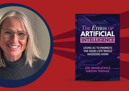 Kirstin Thomas and her book cover The Ethos of Artificial Intelligence: Using AI to Promote the Good Life While Avoiding Harm