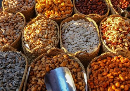 Baskets full of assorted nuts and seeds