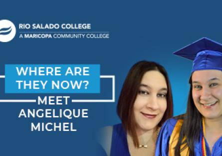 picture of graduate with text 'Where Are They Now? Meet Angelique Michel'