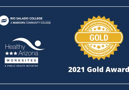 Rio Salado College logo, Healthy Arizona Worksites logo, Gold emblem with text '2021 Gold Award'