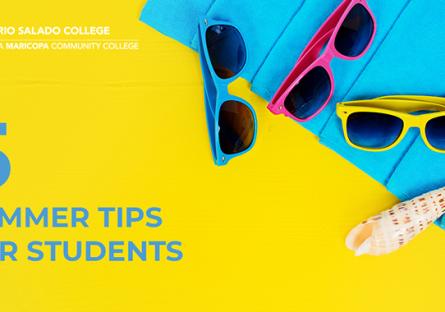 photo of sunglasses, a beach towel, and a seashell with text '5 summer tips for students'