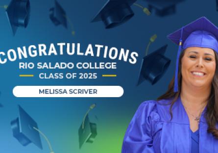 Melissa Scriver, wearing a royal blue graduation cap and gown, smiles in front of a background filled with floating graduation caps. Text above her reads, “Congratulations Rio Salado College Class of 2025” with her name, “Melissa Scriver,” displayed in a white button-style box below.