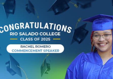 Rachel Romero, wearing a royal blue graduation cap and gown, smiles in front of a colorful background with graduation caps flying in the air. Text above her reads, “Congratulations Rio Salado College Class of 2025,” with a label below that says, “Rachel Romero Commencement Speaker.”