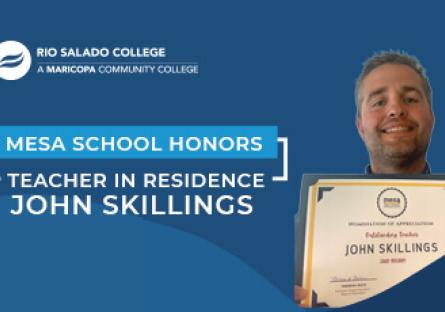 photo of John Skillings with text 'Mesa School honors Teacher In Residence John Skillings'