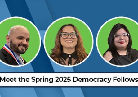 A promotional graphic introduces the Spring 2025 Democracy Fellows from Rio Salado College. Three individuals are shown in circular photo frames on a blue geometric background. From left to right: Angelo Lopez, a man with a shaved head and beard wearing a medal and dark suit; Marielena Aguirre, a woman with straight dark hair and red lipstick wearing a black top; and Lucero Arciniega, a smiling woman with long hair and glasses. Below their portraits, text reads: “Meet the Spring 2025 Democracy Fellows.”