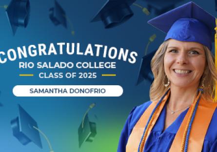 A smiling graduate, Samantha Donofrio, stands in her cap and gown in front of a blue and green background with floating graduation caps. Text reads: “Congratulations Rio Salado College Class of 2025 – Samantha Donofrio.” She wears a royal blue cap and gown with gold and blue honor cords and a gold stole.