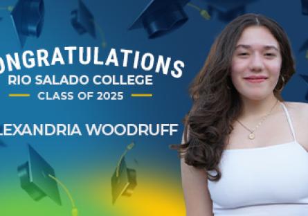 A congratulatory graphic for Rio Salado College Class of 2025 graduate Alexandria Woodruff. She is smiling and wearing a white halter top against a colorful background with blue, green, and yellow gradients and floating graduation caps. Text reads: “Congratulations Rio Salado College Class of 2025 – Alexandria Woodruff.”