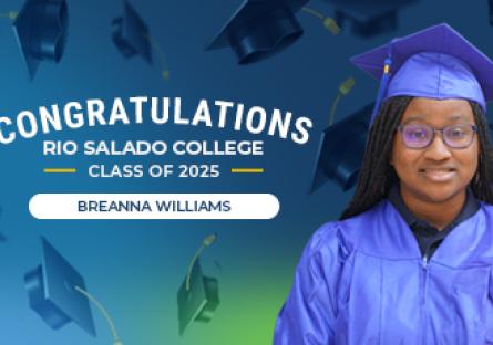 A congratulatory graphic for Breanna Williams, a Rio Salado College Class of 2025 graduate. She is wearing a blue graduation cap and gown and smiling in front of a festive blue and green background with flying graduation caps. The text reads: “Congratulations Rio Salado College Class of 2025 – Breanna Williams.”