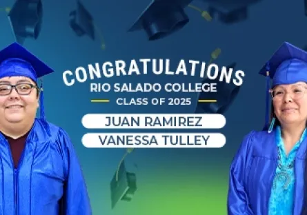 A celebratory graphic featuring Rio Salado College Class of 2025 graduates Juan Ramirez and Vanessa Tulley. Both are wearing blue caps and gowns and smiling proudly. The background features floating graduation caps and a gradient of blue and green. Text above them reads: “Congratulations Rio Salado College Class of 2025,” with their names displayed at the bottom: Juan Ramirez and Vanessa Tulley.