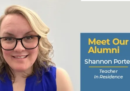 Shannon Porter, a Rio Salado College alumna, smiles in a close-up portrait against a plain light-colored wall. She is wearing glasses and a royal blue sleeveless top. A graphic overlay reads: “Meet Our Alumni – Shannon Porter – Teacher In Residence.”