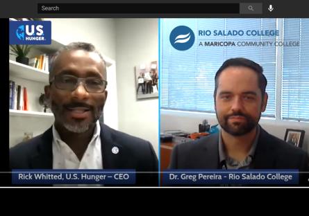 YouTube interview with US Hunger CEO Rick Whitted and Rio Salado VP Dr. Greg Pereira in their offices. Organization logos.