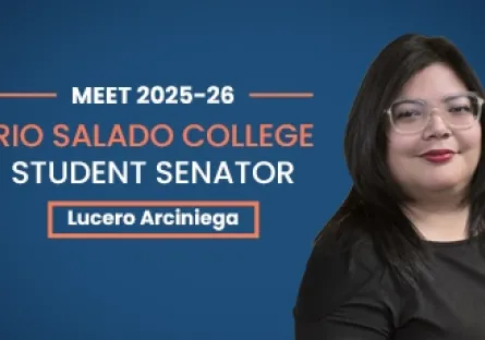 A promotional graphic introducing Lucero Arciniega as the 2025–26 Rio Salado College Student Senator. Lucero, wearing glasses and a black top, is pictured against a blue background. White and orange text reads: “Meet 2025–26 Rio Salado College Student Senator – Lucero Arciniega.”
