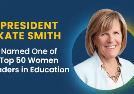 A promotional graphic announces that Rio Salado College President Kate Smith has been named one of the Top 50 Women Leaders in Education. Kate Smith, smiling and wearing a light blue blazer, is pictured against a dark blue background with a subtle circular gradient. White and yellow text reads: “President Kate Smith Named One of Top 50 Women Leaders in Education.”