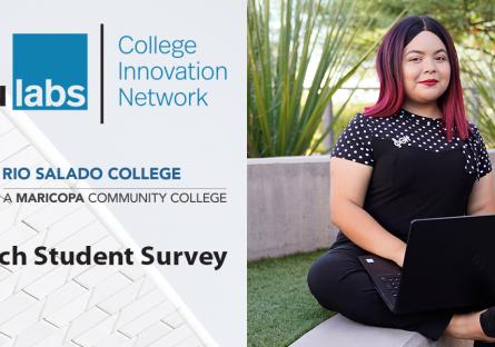  Young hispanic woman sitting in a garden with laptop, smiling at camera. WGU Labs, College Innovation Network, Rio Salado Colle