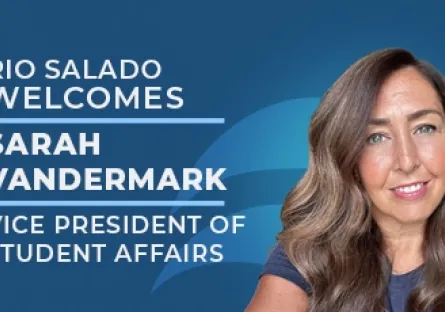 A welcome graphic with a blue background featuring a headshot of Sarah Vandermark, smiling with long brown hair. Text reads: Rio Salado Welcomes Sarah Vandermark, Vice President of Student Affairs.