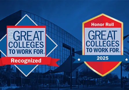A promotional graphic celebrates Rio Salado College’s recognition in the 2025 Great Colleges to Work For program. The background shows a modern glass-walled campus building with a blue overlay. In the foreground, two award-style badges are displayed: one diamond-shaped badge reads “2025 Great Colleges to Work For – Recognized,” and one shield-shaped badge reads “Honor Roll – Great Colleges to Work For – 2025.”