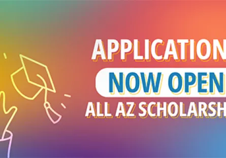A colorful gradient background with text that reads: “Applications Now Open – All AZ Scholarship!” The words “Now Open” are highlighted in bold blue on a white background. To the left, a simple line drawing shows a hand tossing a graduation cap into the air, symbolizing celebration and achievement.