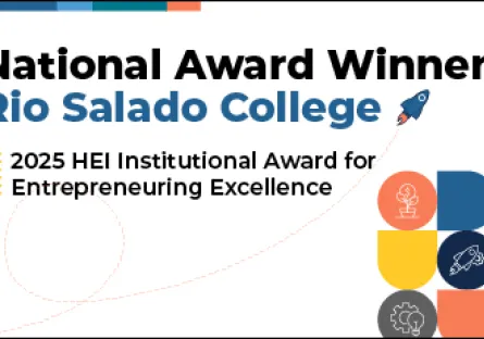 A graphic announcement with colorful icons on the right side and a small rocket illustration at the top. The text reads: “National Award Winner Rio Salado College. 2025 HEI Institutional Award for Entrepreneuring Excellence.”