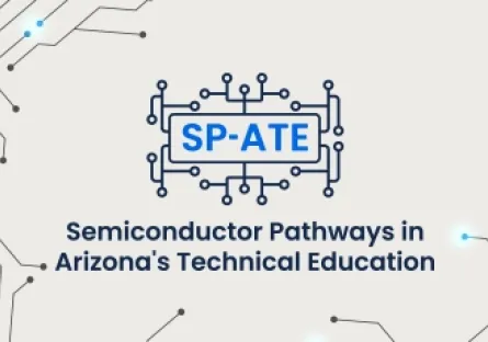 Graphic with a blue circuit-board design on a light background. At the center is a microchip icon containing the text “SP-ATE.” Below it reads: “Semiconductor Pathways in Arizona’s Technical Education.”