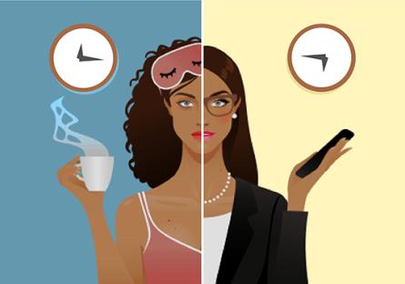 One woman portrait cut into two halves. One for day time and work. The other for bedtime and sleep.
