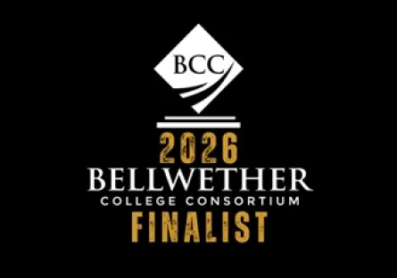 Graphic with a black background featuring the Bellwether College Consortium logo at the top. Below it, large gold and white text reads: "2026 Bellwether College Consortium Finalist."