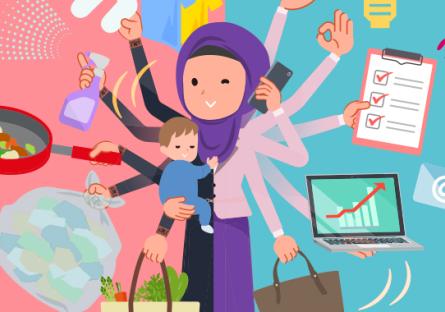 A woman wearing hijab who perform multitasking in offices and private. Shows her with multiple arms doing home tasks and work.