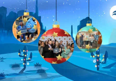 Graphic titled '2025 Year in Review' featuring three hanging holiday ornaments displaying photos of Rio Salado College students, staff, and celebrations against a blue winter-themed background.