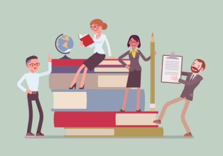 Illustration of 4 teachers standing on giant books holding pencil and clipboard.
