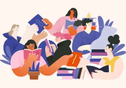 Illustration of a diverse group of people reading books in a relaxed, collaborative setting, surrounded by stacked books and plants, representing learning and community engagement.
