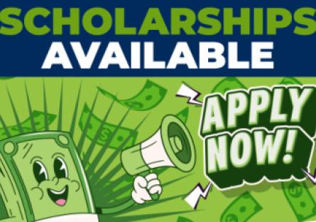 Scholarships Available Apply Now! (man made of cash holding megaphone)