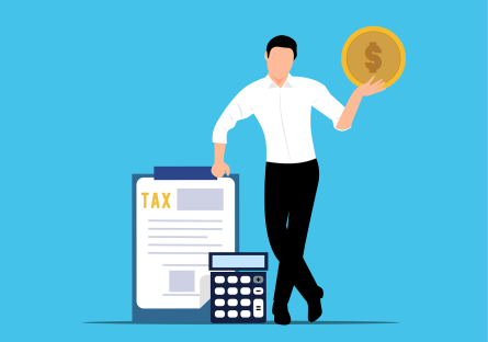 Man holding up a large gold coin while standing next to a big clipboard that says "TAX" on it and also there's a big calculator