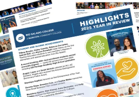 A colorful “Highlights 2025 Year in Review” flyer featuring student achievements, photos, and icons representing community impact and success.