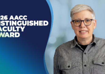 Portrait of Dr. Donna Tannehill with short gray hair and glasses smiling against a blue background, with text reading “2026 AACC Distinguished Faculty Award.”