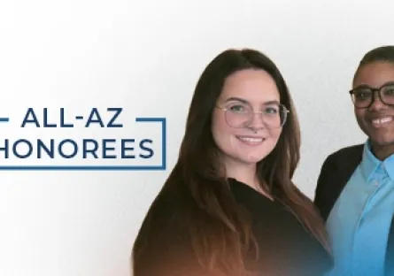 Marielena Aguirre Foster and Goldie Pompey-Johnson smiling, one with long dark hair and glasses and the other wearing glasses and a blazer, with text reading “All-AZ Honorees.”