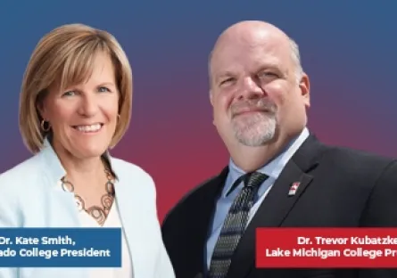 Portraits of Dr. Kate Smith and Dr. Trevor Kubatzke smiling against a gradient background, with text identifying them as Rio Salado College President and Lake Michigan College President.