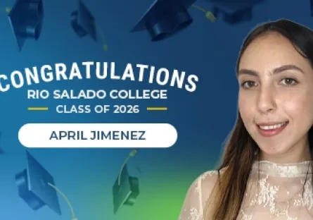 Portrait of April Jimenez smiling against a blue background with graduation caps, with text reading “Congratulations Rio Salado College Class of 2026.”