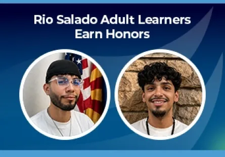 Rio Salado graphic with a blue background and the text “Rio Salado Adult Learners Earn Honors.” Below are two circular headshots: on the left, Ángel Gaytan Betancourt wearing glasses and a black cap, with U.S. and Arizona flags behind him; on the right, Esteban Salinas smiling in front of a stone wall.
