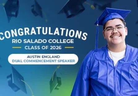 **Commencement speaker graphic** A graduate in a blue cap and gown smiles beside text that reads “Congratulations Rio Salado College Class of 2026” and identifies Austin England as the Dual Commencement Speaker.