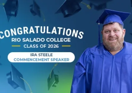 Graphic featuring Rio Salado College graduate Ira Steele in a blue cap and gown with the text, “Congratulations Rio Salado College Class of 2026.” A label identifies him as the 2026 commencement speaker.