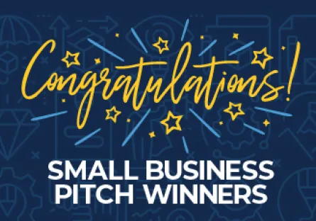 A blue graphic with celebratory stars and fireworks that reads “Congratulations! Small Business Pitch Winners.”